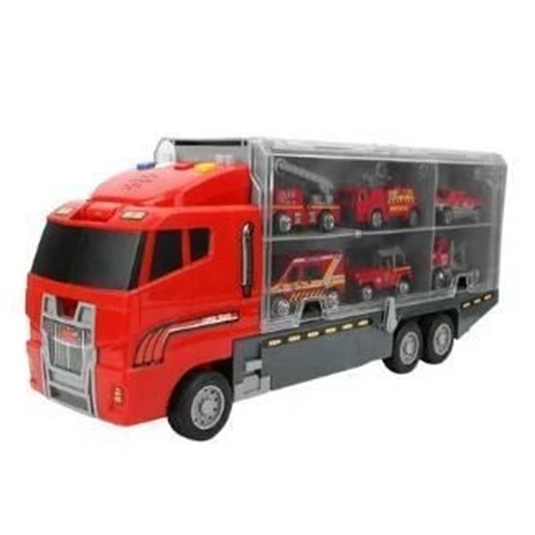 Red Transport Toy Truck With Emergency Vehicle Miniatures And Accessories