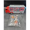 Image 2 : Red Transport Toy Truck With Emergency Vehicle Miniatures And Accessories