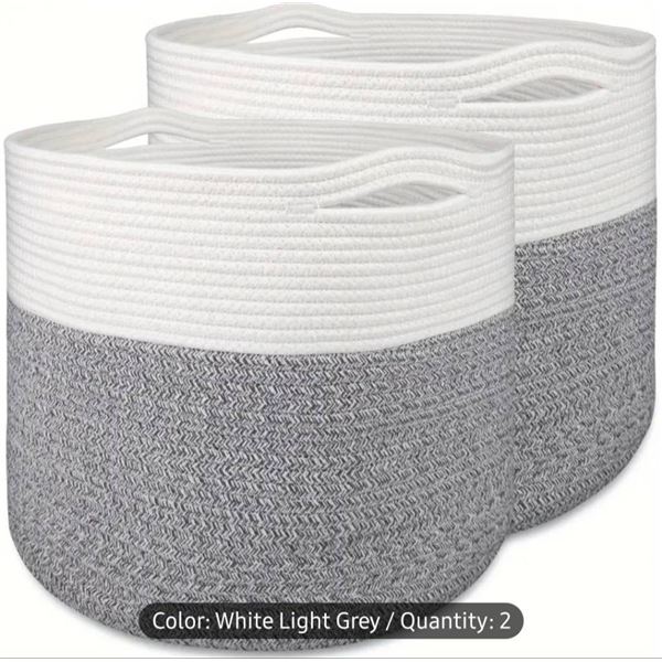 Set of 2 Comfy Homi Cotton Rope Storage Baskets in White and Light Grey