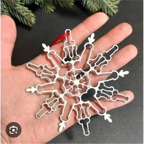 Set of 32 Penis Snowflake Ornaments with Red Hanging Ribbons