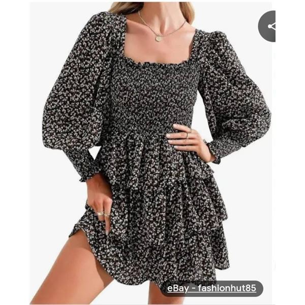 Byinns Women’s 2024 Square Neck Ruffle Dress, Long Sleeve, Floral, Size Small