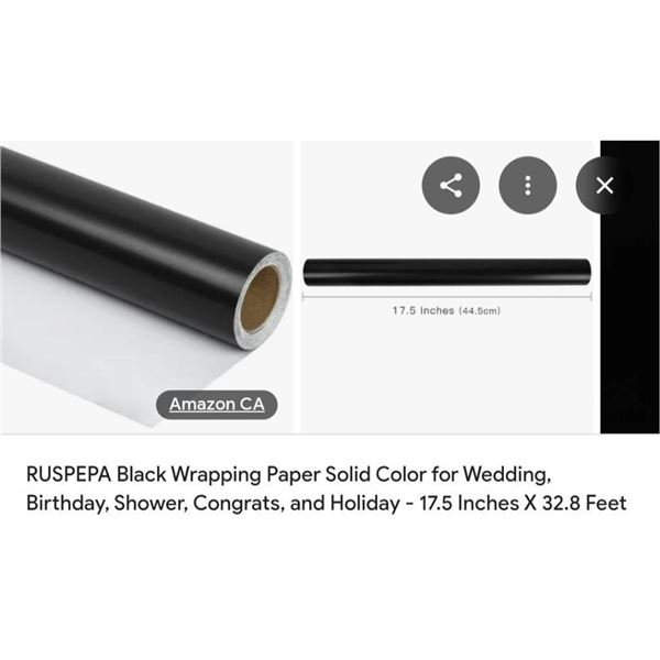 RUSPEPA Black Wrapping Paper Roll, 17.5 Inches x 32.8 Feet