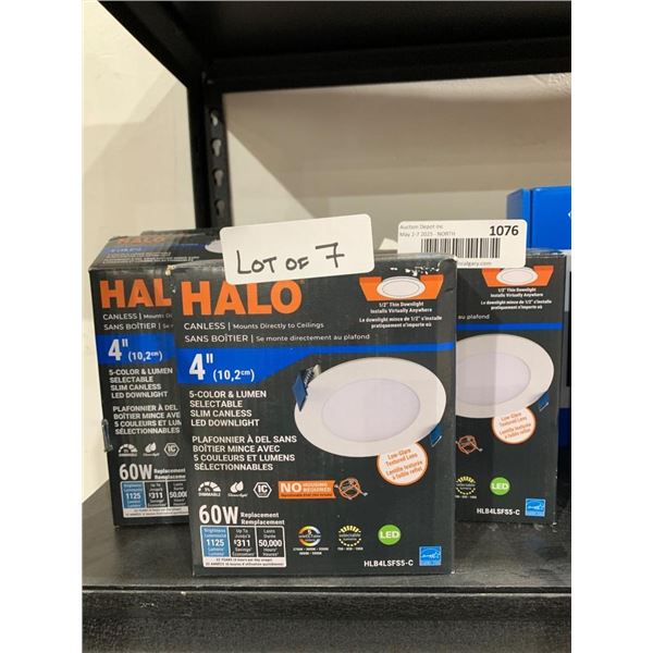 Lot of 7 Halo 4-Inch Canless LED Selectable Downlights, Model HLB4069FS1EMWR-6PK