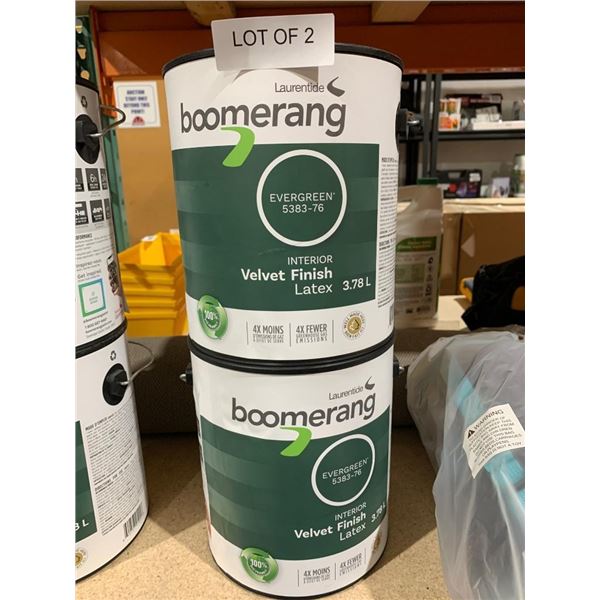 Lot of 2 Boomerang Interior Latex Paint Evergreen Velvet Finish 3.78 L