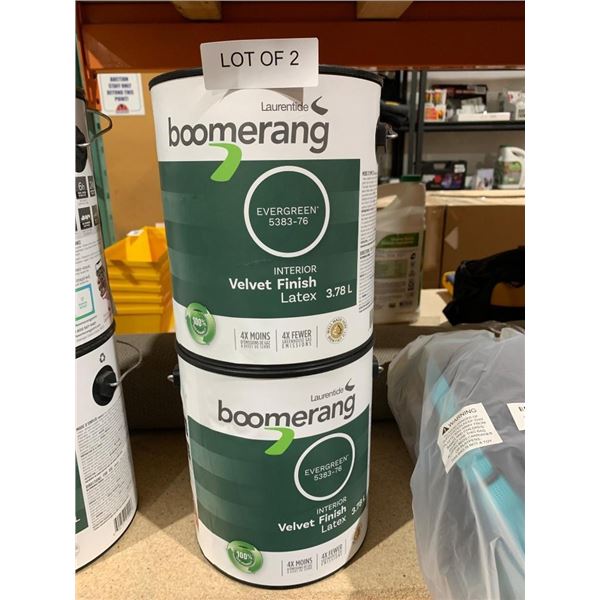 Lot of 2 Boomerang Interior Latex Paint Evergreen Velvet Finish 3.78 L