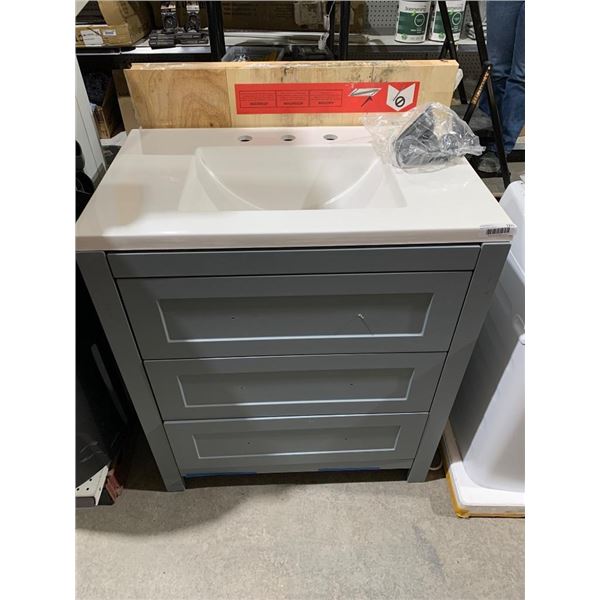 Gray Bathroom Vanity with Integrated Sink and Three Drawers 30Wx 21Dx35″T