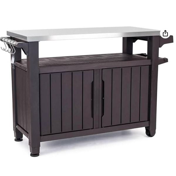 Keter Outdoor Rolling Table Cart for Food Prep, Storage, Bar & Grill, Dark Brown – Portable