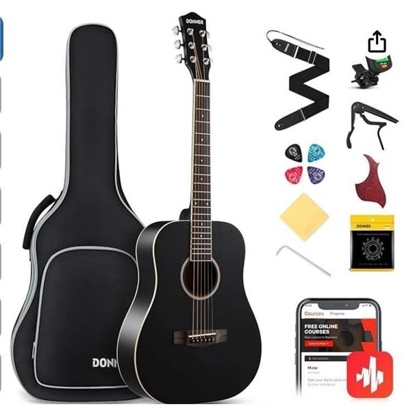 Donner Acoustic Guitar for Beginner Adult 36” Dreadnought 3/4 Size Black Guitar Bundle Pack