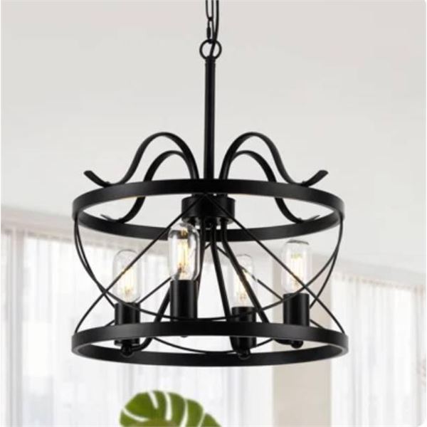 4 – Light Unique Shape Drum Black Chandelier for Dining Room Kitchen Island – 18.5