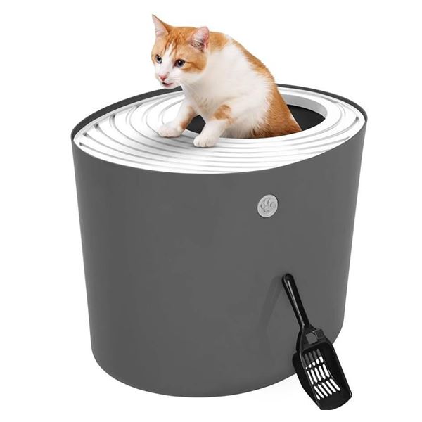 IRIS Top Entry Cat Litter Box with Scoop – Large – Stylish Enclosed Round Oval Kit