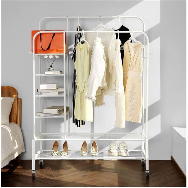 Metal Clothes Rack, Double Rods Clothes Portable Closet on Wheels, Wardrobe Clothes Organizer Rollin