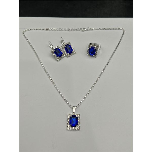 Blue Topaz Gemstone Silver style 4 pce Jewelry Set With  Pendant, Earrings and  Ring