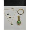 Image 1 : New 6 pce Gold Tone Jewelry Gift set with quartz wrist watch , chain & pendant, earrings and bracele