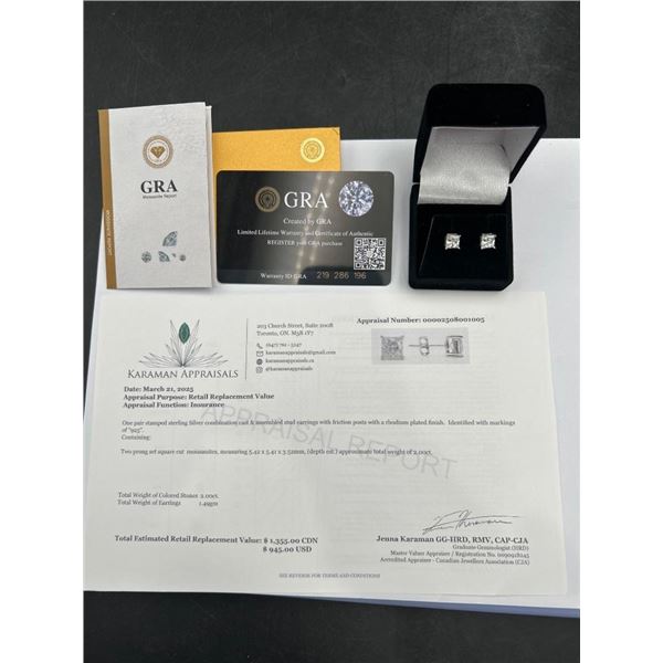 $1,355.00 - 2.00 CT TW GRA CERTIFIED PRINCESS CUT MOISSANITE EARRINGS