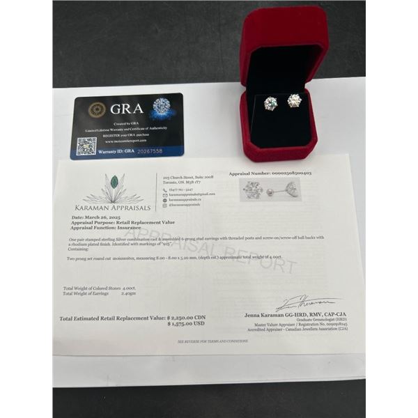 $2,250.00-4.00 CT TW GRA CERTIFIED ROUND BRILLIANT CUT MOISSANITE EARRINGS