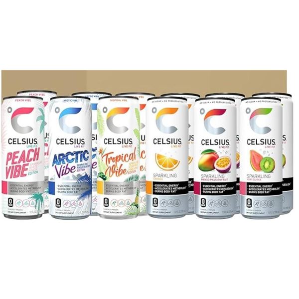 Celsis Sparkling Essential Energy Drink No Sugar or Preservatives Slim Cans Assorted Variety 12 Pack