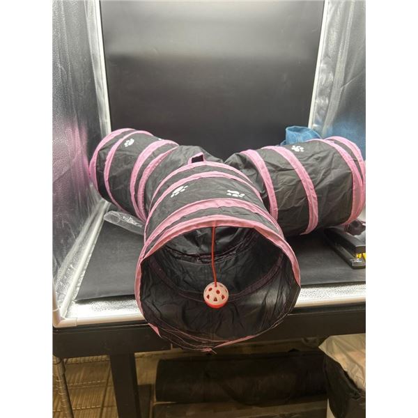 Black And Pink Three-Way Cat Tunnel With Paw Print Design