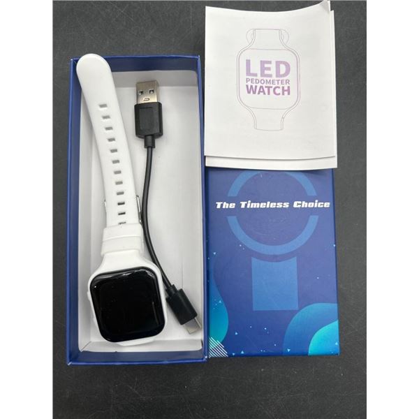 LED Pedometer Watch with USB Charging Cable – White