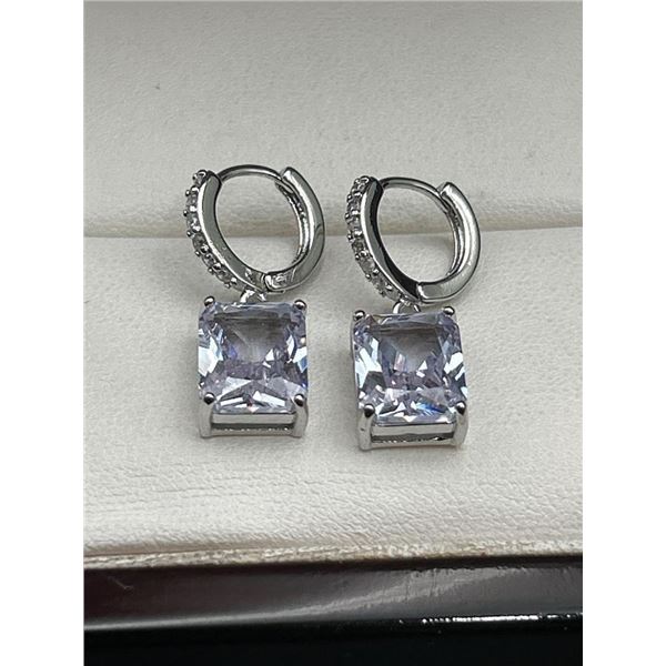 Pair of Silver-Toned Earrings with Square-Cut Solitaires and Hoop Design