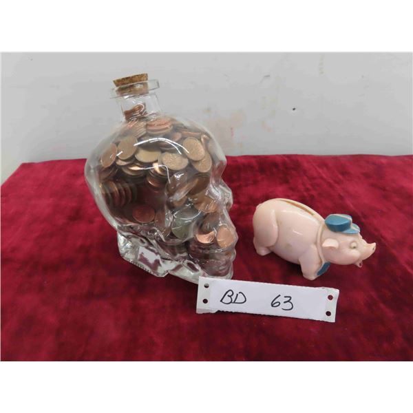 7lbs of Pennies in Glass Skull + Small Piggy Bank 