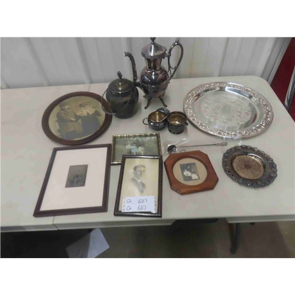 Silverwear, Sewing Items, Old Photos in Frames 