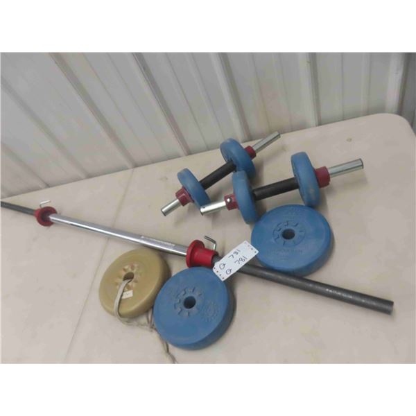 Barbell, 2 Dumbells, (3) 5lbs Plates, (4) 2.5lbs