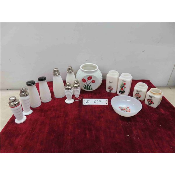 Vintage Milk Glass: Salt/Pepper Shakers (Some Missing 
