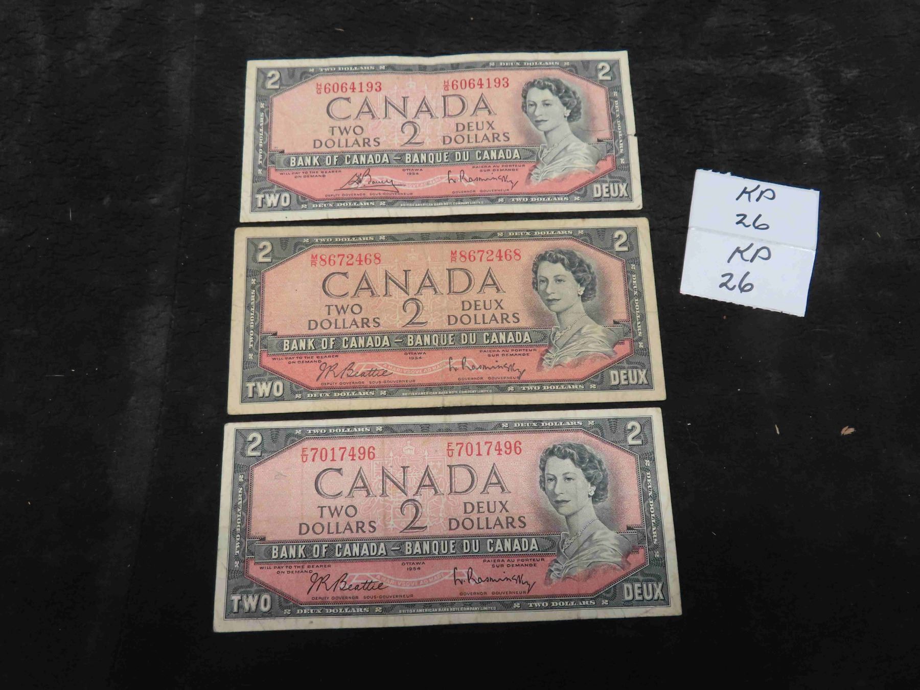 3 1954 Canada $2 Bills