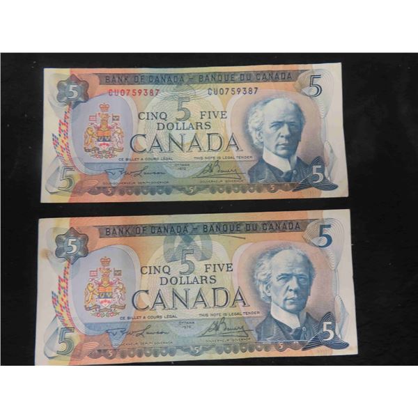 1 1972 and 1 1979 Canada $5 Bills- Very Nice Condition