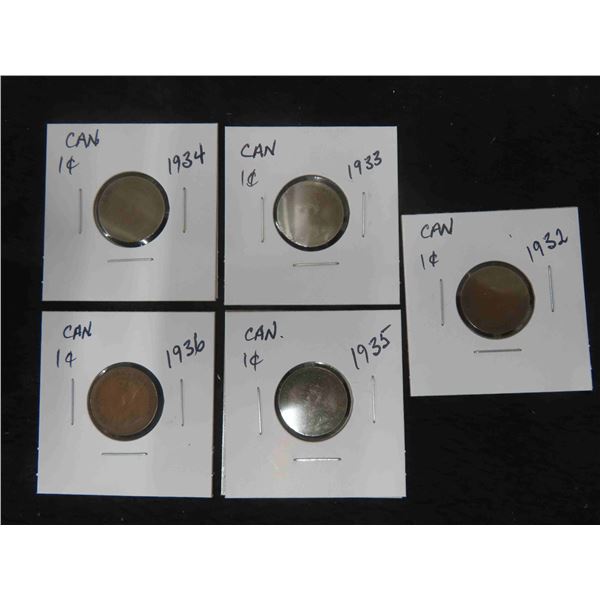 5 Canada Pennies 1932,33,34,35,36