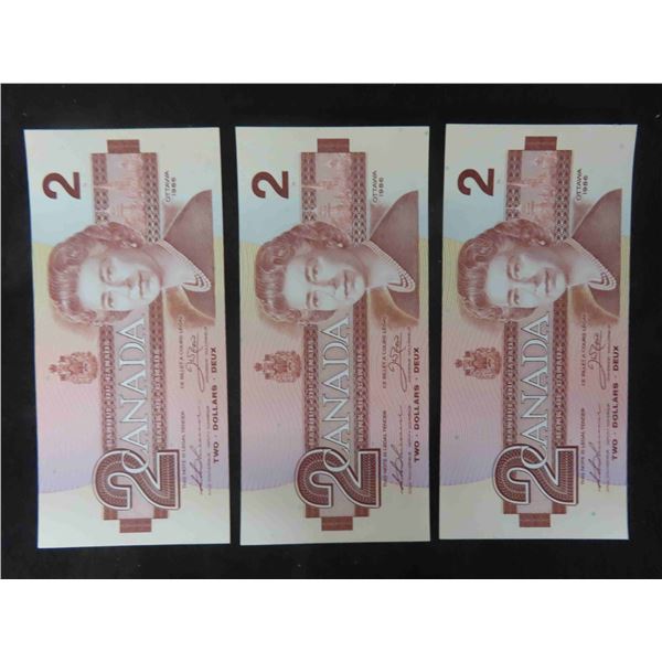 3 Consective S/N Uncirculated 1986 $2 Bills