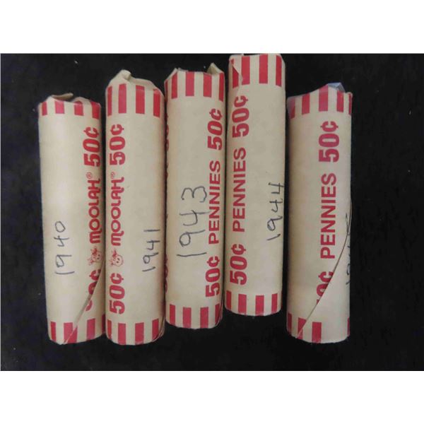 5 Rolls Canada Pennies 1940,41,43,44,45