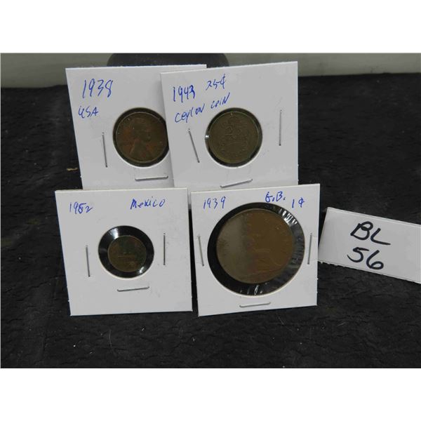 (4) Coins USA 1938 Penny, 1939 Great Britian, 1 cent 