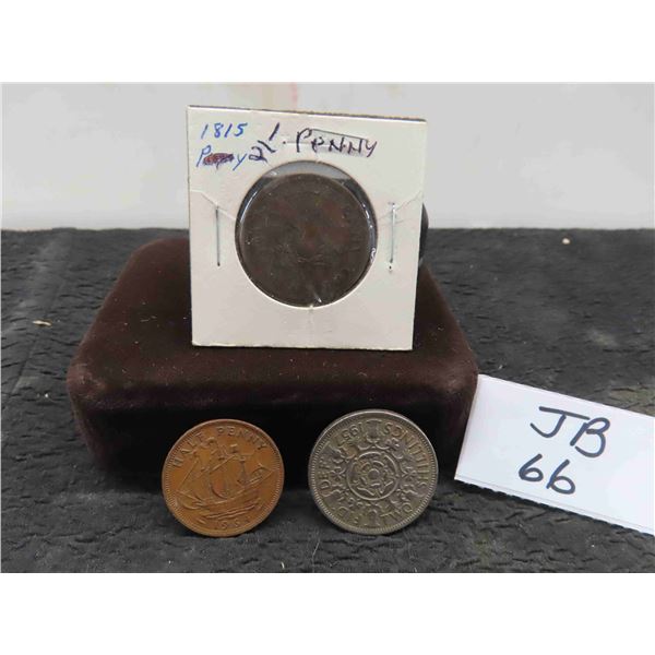 (3) British Coins 1957 Two Shilling, 1815 and 1964 