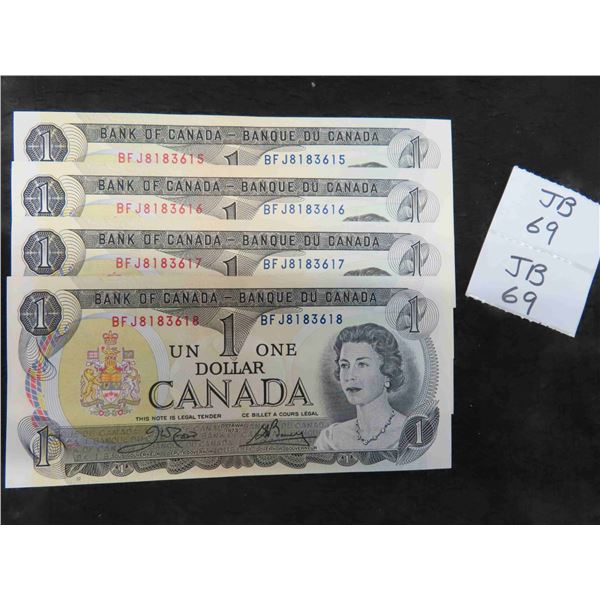 (4) Crisp Canadian 1973 $1 Bill With Consecutive 