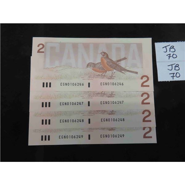(4) Crisp Canadian 1986 $2 Bill With Consecutice 