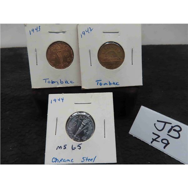 (3) Canadian Nickels 1942 and 1943 Tombac, Victory