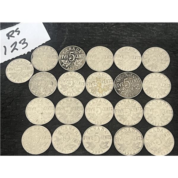 8 Canada 1920's Nickels and 13 1930's Nickels