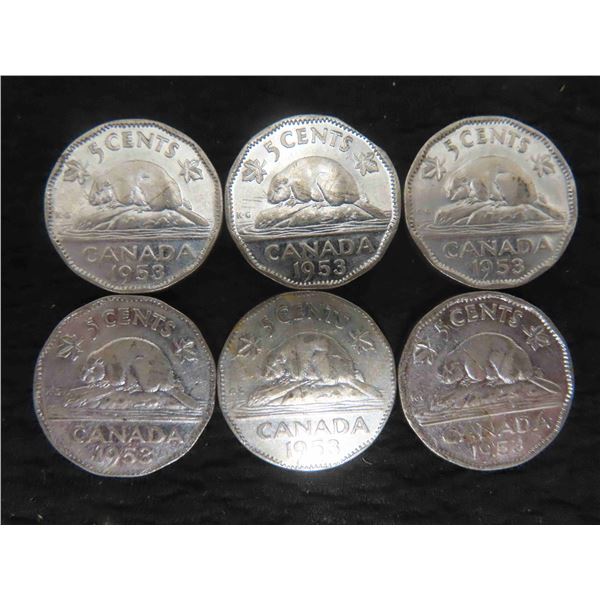 6 Canadian 1953 Nickels
