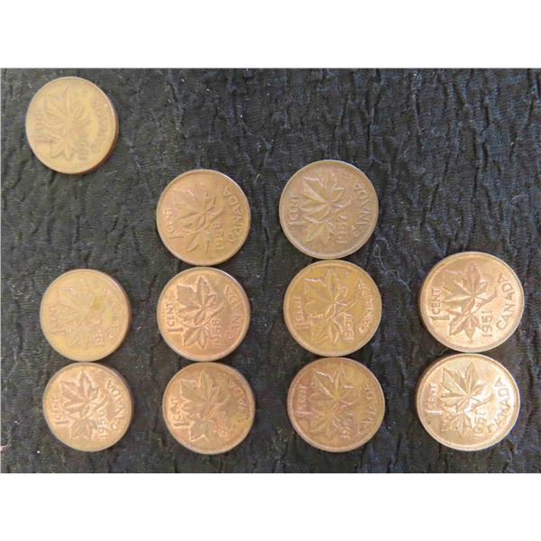 11 Canadian Pennies 1951,53,56,57,58 