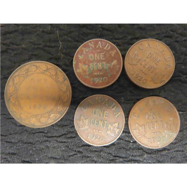 4 Canadian 1920 Pennies + 1920 Large Cent