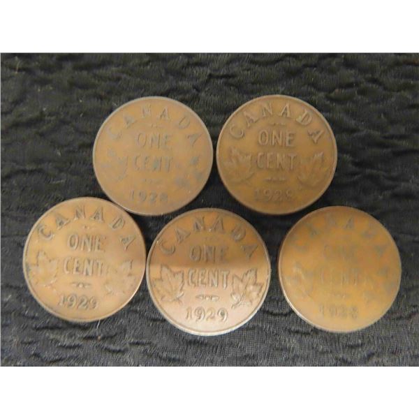 5 Canadian Pennies 1929 and 1928