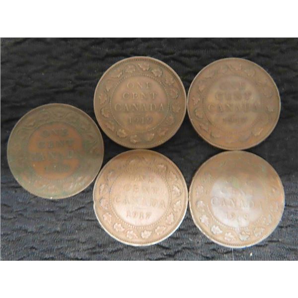 5 Canadian Large Pennies 1917,18,18,17,19