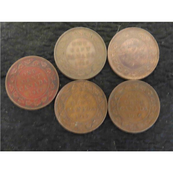 5 Canadian Large Pennies 1913,15,15,16,17