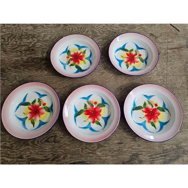 5- Vintage 22CM Peacock Enamelware Bowls