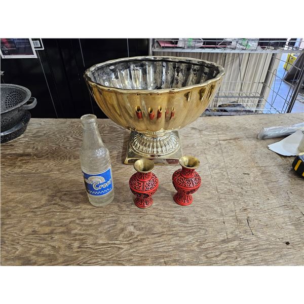 2- Chinese Cinnabar Laquer Vases/SunCrest Bottle/Vintage Polished Aluminum Bowl