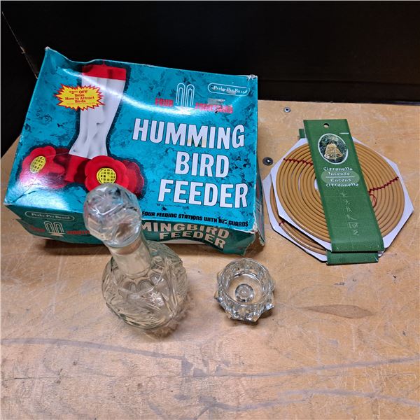 humming bird feeder and inscents with decanters