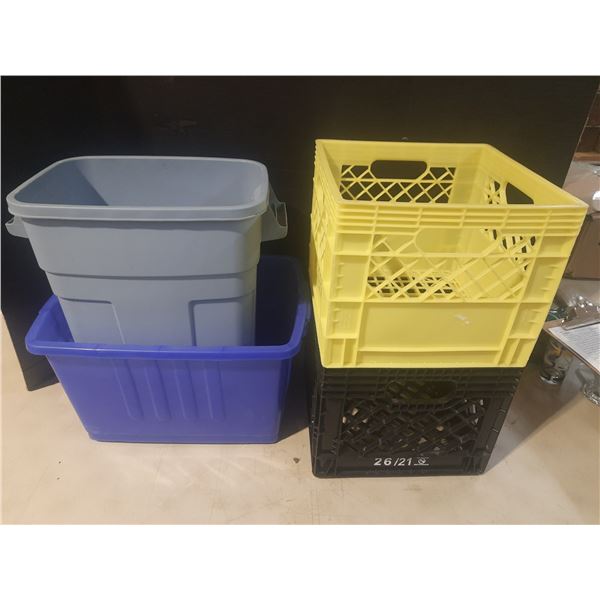 (2) Crate (New) and (1) Storage Container and (1) Garbage Bin.