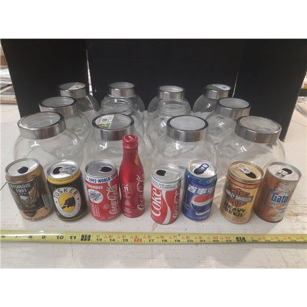 (12) Glass Containers and Vintage (8) Empty Cans - Empty Cocacola Bottle. (Exclusive made for Vancou