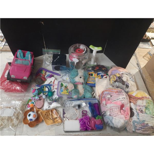 Lot of Kids Toys, (3) Bag of Small Doll Clothes, Jewelry, Colored Pensils, Sharpners, Games, Mickey 